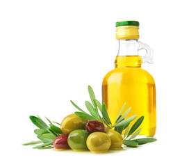 Composition with olives and oil on white background