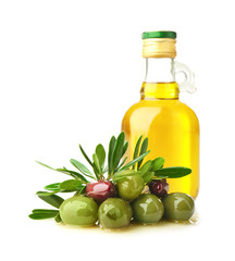 Composition with olives and oil on white background