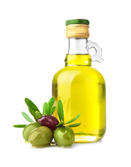 Composition with olives and oil on white background