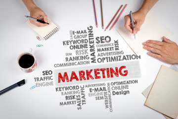 Marketing word cloud, Business concept. The meeting at the white office table.