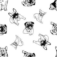 Seamless pattern of hand drawn sketch style dogs. Vector illustration isolated on white background.