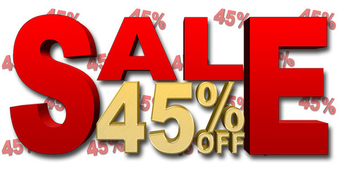 45 Percent Off, Sale, Red Text, Golden numbers, 3D Illustration, White Background.