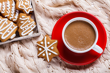Hot chocolate and marshmelow in a white cup on a red plate on a knitted warm blanket. Christmas cookies. horizontal