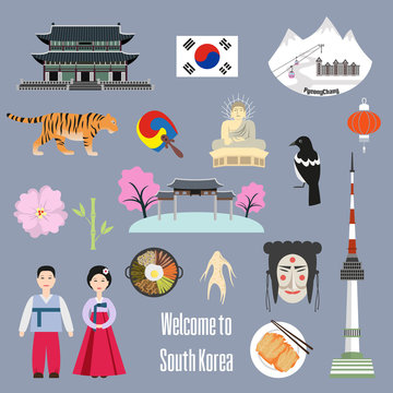 Set of Korean national symbols on the gray background.