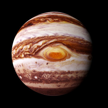 3d rendering) planet Jupiter isolated on black background with focus on the red spot