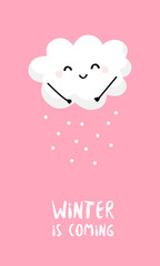 Cute cloud with snowflakes on pink background. Flat style. Vector card.