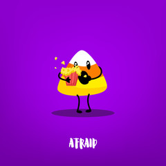 Cute candy corn with popcorn on violet background. Flat style. Vector card with emotion of fear.