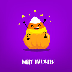 Cute candy corn with pumpkin on violet background. Flat style. Vector Halloween card.