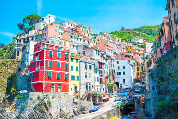 View on architecture of old italian village Riomaggiore is one of the most popular old village in Cinque Terre, taly