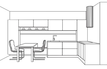 Kitchen interior plan. Draft of modern kitchen furniture made in line art style. Vector isolated.