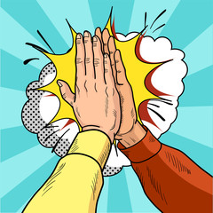 Hands give five pop art. Male hands in a gesture of success. Yellow and red sweaters. Vintage cartoon retro vector illustration. © Eseninstudio