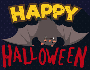Cute Hanged Bat with Greeting for Halloween, Vector Illustration