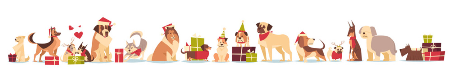 Group Of Cute Dogs In Santa Hats Symbol Of 2018 New Year And Christmas Holidays Isolated On White Background Flat Vector Illustration