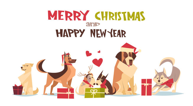 Cute Dogs In Santa Hats Isolated On White With Gift Boxes Merry Christmas And Happy New Year Poster Design Flat Vector Illustration