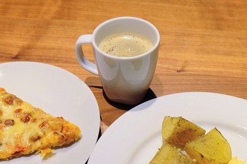 Hot Coffee with Pizza and Grilled Potatoes