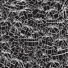 Fototapeta premium Seamless Pattern With Sketch Gift Boxes, Bows And Ribbons On Black Background Design Vector Illustration