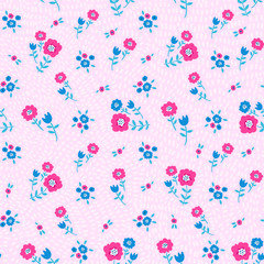 Floral seamless colorful pattern with blue and pink flowers on pink speck background. Ditsy print. Elegant and tender vector illustration, floral background for print, scrapbooking etc