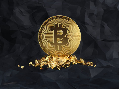 Bitcoin standing on a golden stones on dark background. 3D illustration.