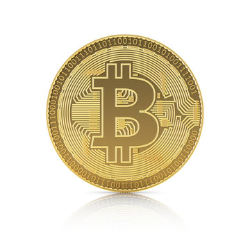 Golden bitcoin isolated on a white background. Front view.