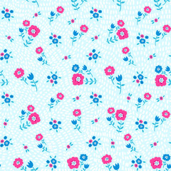 Floral seamless colorful pattern with blue and pink flowers on blue speck background. Ditsy print. Elegant and tender vector illustration, floral background for print, scrapbooking etc