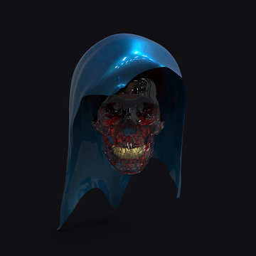 Beautiful ruby skull in a blue cape with gold teeth