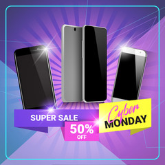 Cyber Monday Super Sale Poster Discounts On Modern Smart Phones Banner Design Vector Illustration