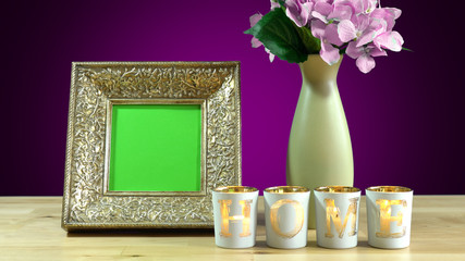 Photo frames in elegant interiors display.
