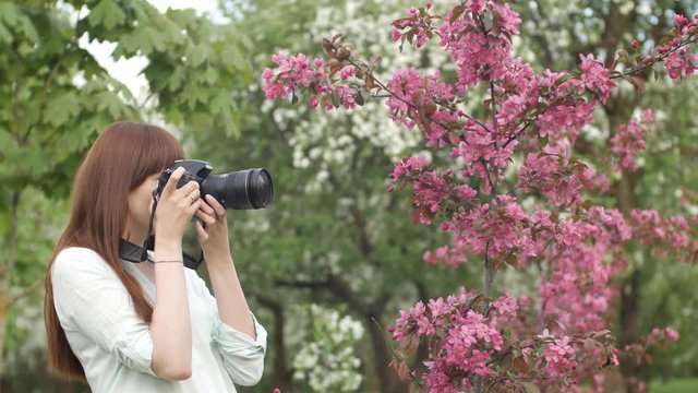 Young woman with camera take photos in park or garden. An attractive red-haired woman smiles making photo in a cherry orchard. Young sporty happy woman taking photo with mirror camera dslr