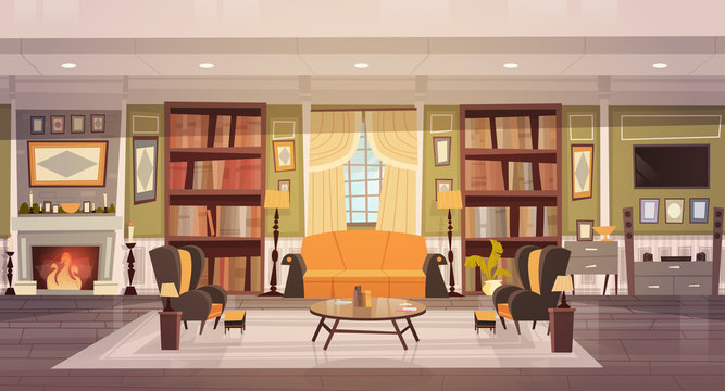 Cozy Living Room Interior Design With Furniture, Sofa, Table Armchairs, Fireplace Bookcase, Horizontal Banner Flat Vector Illustration