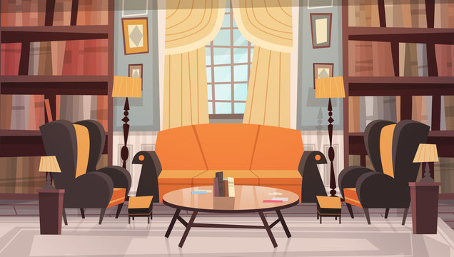Cozy Living Room Interior Design With Furniture, Sofa, Table Armchairs And Bookcase Flat Vector Illustration