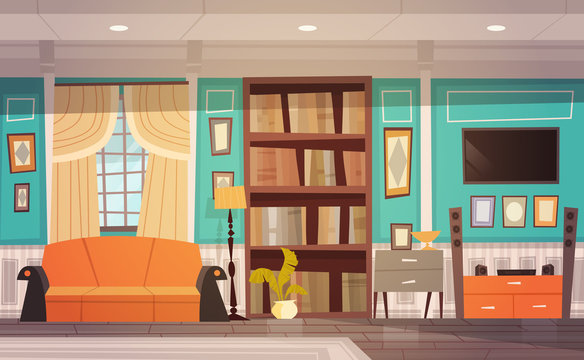 Cozy Living Room Interior Design With Furniture, Window, Sofa, Bookcase And Tv Flat Vector Illustration