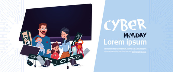 Cyber Monday Sale Poster With Happy Family Over Tv Plasma And Modern Devices, Holiday Online Shopping Horizontal Banner With Copy Space Design Vector Illustration