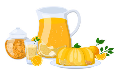 Oranges and orange products illustration natural citrus fruit vector juicy tropical dessert beauty organic juice healthy food.