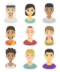 Cool avatars different nations people portraits ethnicity different skin tones ethnic affiliation and hair styles vector illustration.