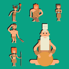 Caveman primitive stone age cartoon neanderthal people character evolution vector illustration.