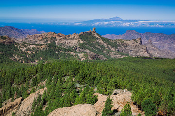 Panoramic view of Roque Nublo and Teide from the island of Gran Canaria, in the background the island of Tenerife, Canary Islands, Spain. © Aníbal Martel