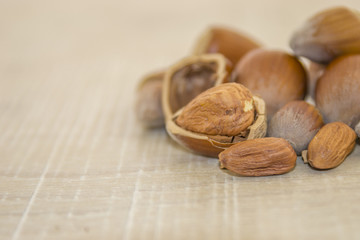 Hazelnuts on a wooden base