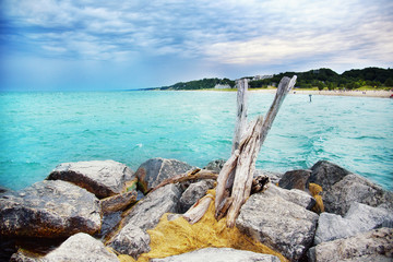 A snag through rocks on the Michigan lake with blu sky