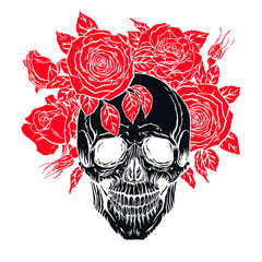 human skull with a roses wreath