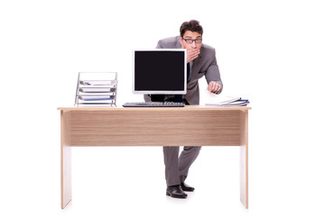 Fototapeta na wymiar Businessman hiding in the office isolated on white