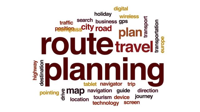 Route planning animated word cloud, text design animation.