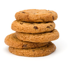 Fototapeta na wymiar Stacked Chocolate chip cookies isolated on white background. Sweet biscuits. Homemade pastry.