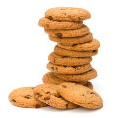 Stacked Chocolate chip cookies isolated on white background. Sweet biscuits. Homemade pastry.