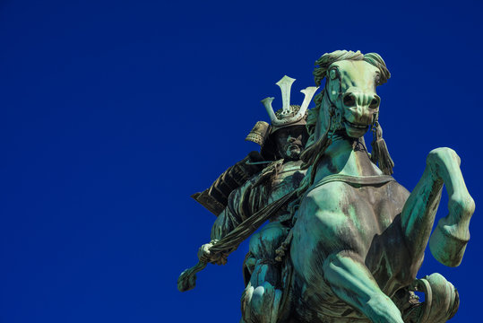 Kusunoki Masashige samurai bronze equestrian statue erected in 1897 in the center of Tokyo (with copy space)
