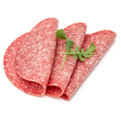 Salami smoked sausage slices isolated on white background
