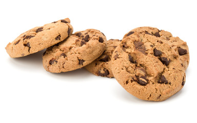 Chocolate chip cookies isolated on white background. Sweet biscuits. Homemade pastry.