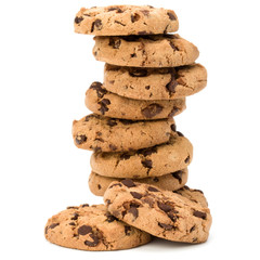 Stacked Chocolate chip cookies isolated on white background. Sweet biscuits. Homemade pastry.