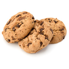 Three Chocolate chip cookies isolated on white background. Sweet biscuits. Homemade pastry.