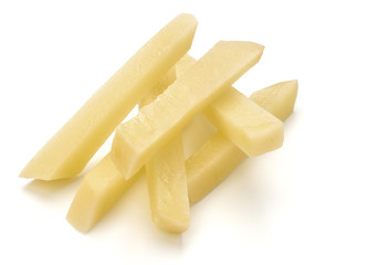 Raw Potato sliced strips prepared for French fries isolated on white background