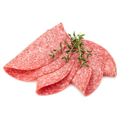 Salami smoked sausage slices isolated on white background